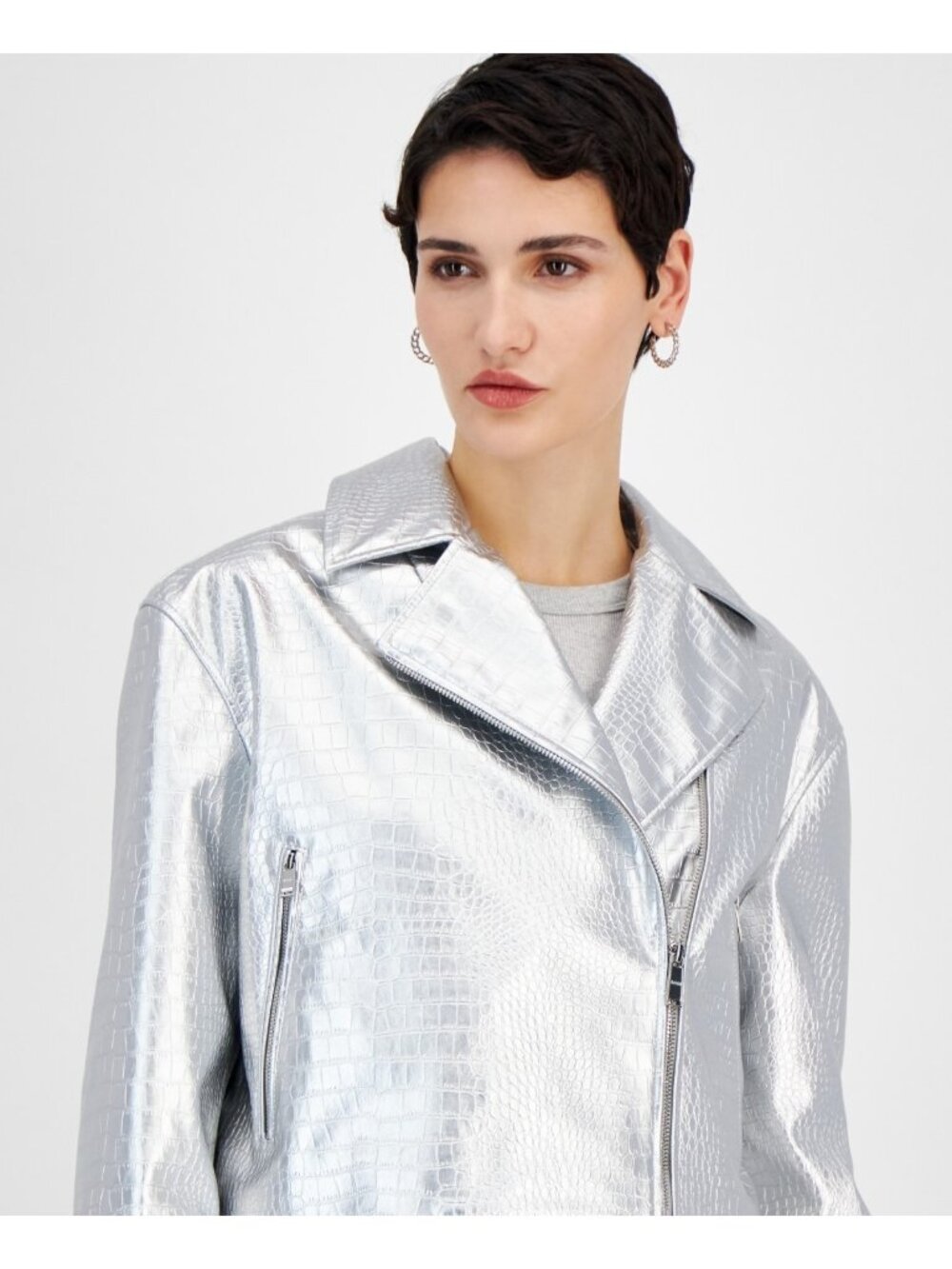 BOSS Orange Women Metallic Croc-Embossed Moto pockets Jacket Silver Size 6 $248